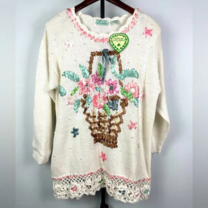 Vintage Colleen Collectibles White Knit Ribbon‎ Floral Planter Pullover Sweater